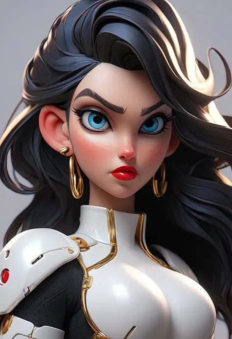 (  photorealism :1.2),  pretty woman,  Black hair with blue eyes red mouth with large bulky breasts, gold details with a white latex outfit , Cyberpunk  (seios grandes enormes)