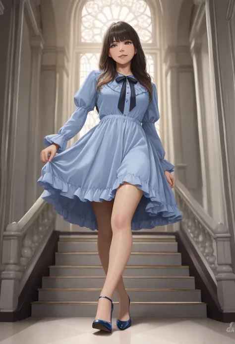 a beautiful woman in a blue dress, blue blouse, and blue heels, age 25, walking nervously through a lavish haunted mansion, demonic shadows creeping and stalking her, Higurachi snail shell spiral, (best quality,4k,8k,highres,masterpiece:1.2),ultra-detailed...