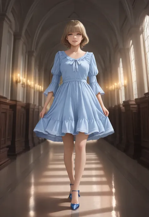 a beautiful woman in a blue dress, blue blouse, and blue heels, age 25, walking nervously through a lavish haunted mansion, demonic shadows creeping and stalking her, Higurachi snail shell spiral, (best quality,4k,8k,highres,masterpiece:1.2),ultra-detailed...