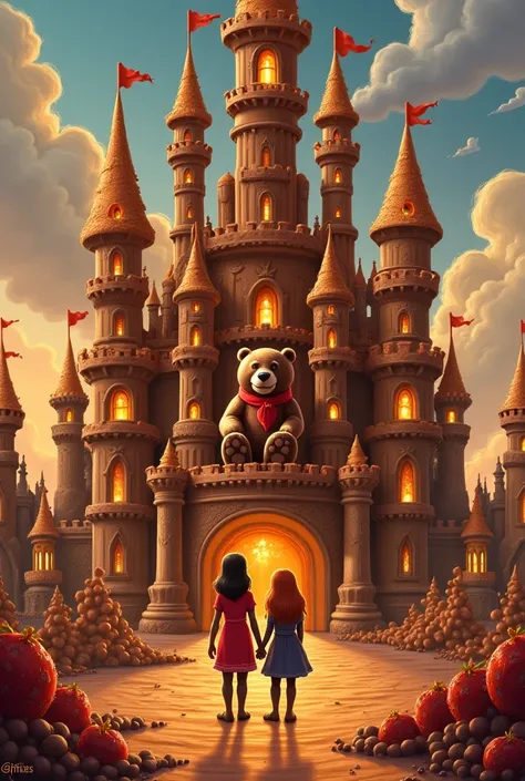 The Candy Castle

"Mia and Sam stand before a grand castle made of chocolate and caramel. A giant chocolate bear, sitting on a caramel throne, smiles at them. The castle towers over them with candy decorations and glowing chocolate windows."