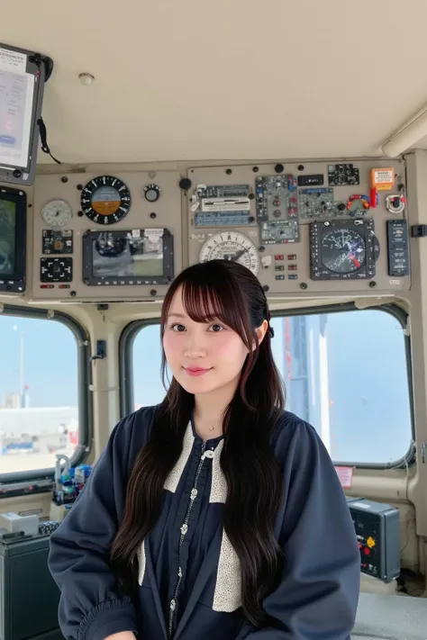 "Japanese female airplane pilot in the cockpit, wearing a professional flight uniform with a black jacket, white shirt, and tie. She has short black hair and a confident expression, focused on the controls. The cockpit is filled with advanced flight instru...