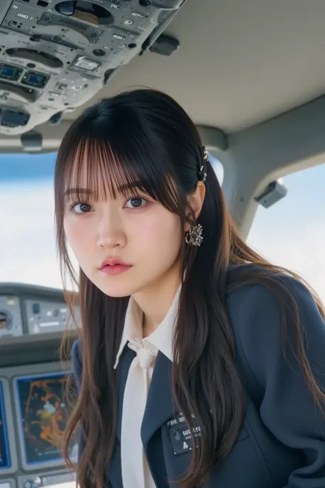 "Japanese female airplane pilot in the cockpit, wearing a professional flight uniform with a black jacket, white shirt, and tie. She has short black hair and a confident expression, focused on the controls. The cockpit is filled with advanced flight instru...