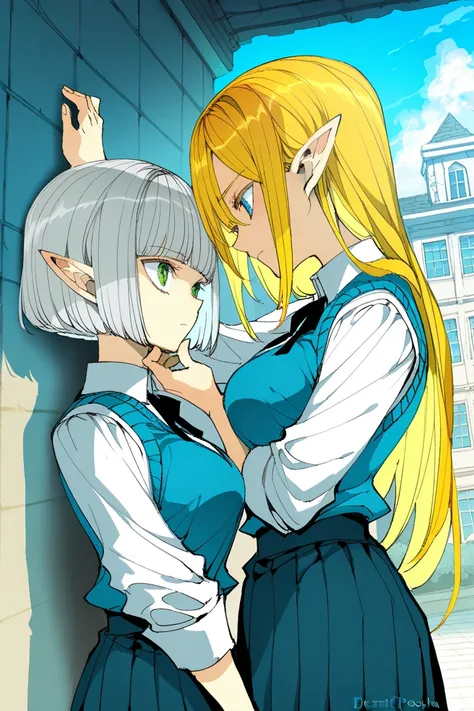 masterpiece, best quality, amazing quality, very aesthetic, absurdres, newest, scenery, highly detailed, high-resolution, 2girls, 1girl\(female elf, blonde long hair, azure eyes, pointy ears\), 1girl\(dark elf, silver bob cut, green eyes, pointy ears\), br...