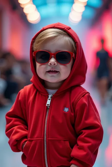 Beautiful cute baby boy in fashion show wearing sun glasses and red hod