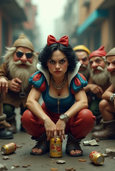 Hyperrealistic with fine and complex details, Snow White and the seven dwarfs crouch on a run-down street in gangster style. Snow White has become fat and has a cigarette in the corner of her mouth and is holding a beer can in her hand. She looks neglected...