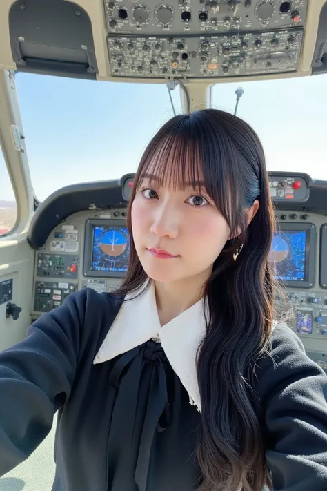 "Japanese female airplane pilot in the cockpit, wearing a professional flight uniform with a black jacket, white shirt, and tie. She has short black hair and a confident expression, focused on the controls. The cockpit is filled with advanced flight instru...