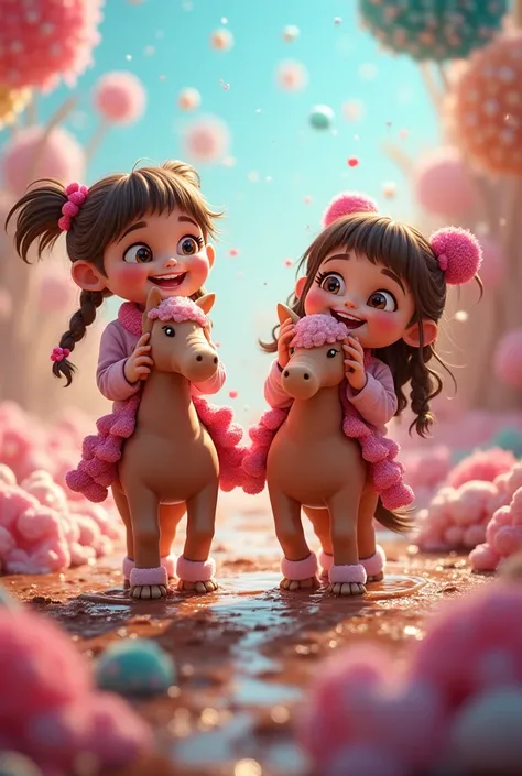 Exploring and Eating Sweets

"Mia and Sam excitedly eat chocolate flowers, drink from a hot chocolate river, and ride candy cane horses. They look happy and full of joy in the colorful candy-filled world