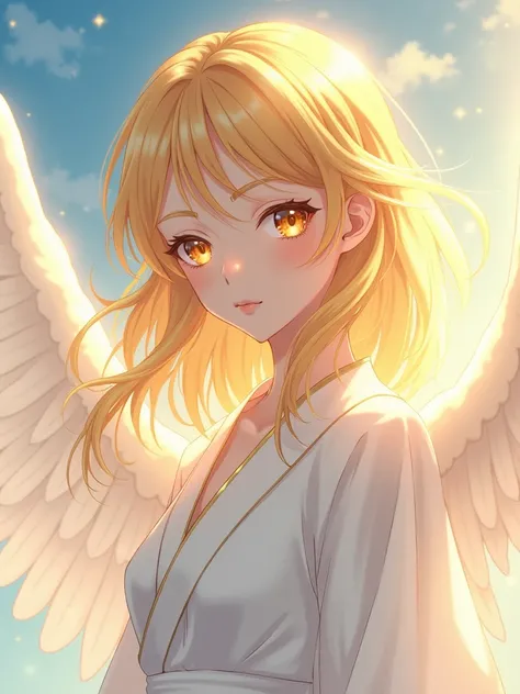 Female Anime Character, gold eyes, gold hair, white robe, angel wings, 2D Anime, face shot