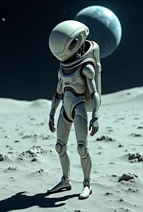  An alien with only one eye on his head and wearing a spacesuit while standing on the moon 