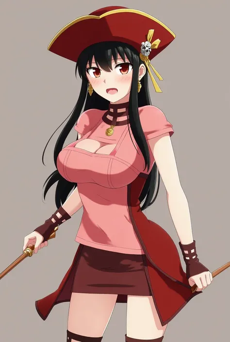  Captain Hook is a young and pretty Japanese woman who looks like Yoru from the spy family, a young and pretty Japanese woman with red heart eyes, a red pirate hat, Pink belly tee with big breasts , Underneath, she is wearing a brown skirt and black shoes ...