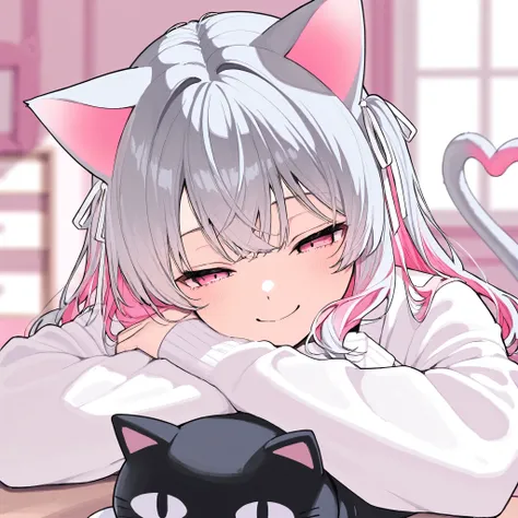 half twin tail、 Wave Hair、 pink inner color hair、Gray Hair, smile, pink eyes, Narrowed eyes、 Oversized long sleeves , white cardigan, white ribbon,Stuffed catを抱いている, blurry background indoors, indoor、Stuffed cat、 1 girl, Cat ears,Alone, high image qua...