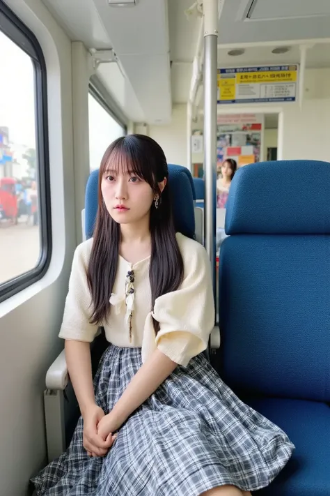 "A Japanese high school girl sitting on a seat inside a train. She is wearing a typical school uniform with a plaid skirt, white blouse, and a ribbon tie. Her long black hair is tied in a simple ponytail, and she looks out of the window with a calm express...