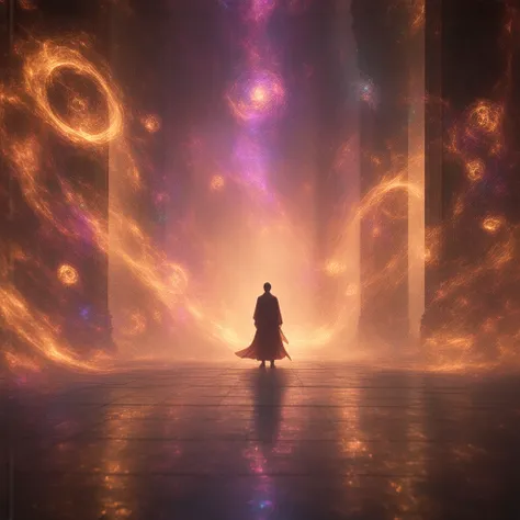 A mystical grand hall filled with floating glowing symbols, representing creative inspiration and hidden challenges. In the center, a figure stands surrounded by a whirlwind of energy and colors, as if their thoughts are coming to life. To one side, radian...