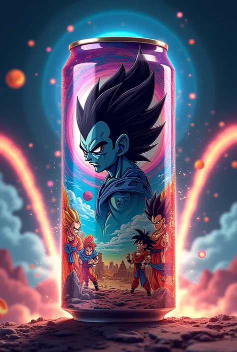 Create me a can of a drink called MORO. The drink should be anime-style with dragon ball characters