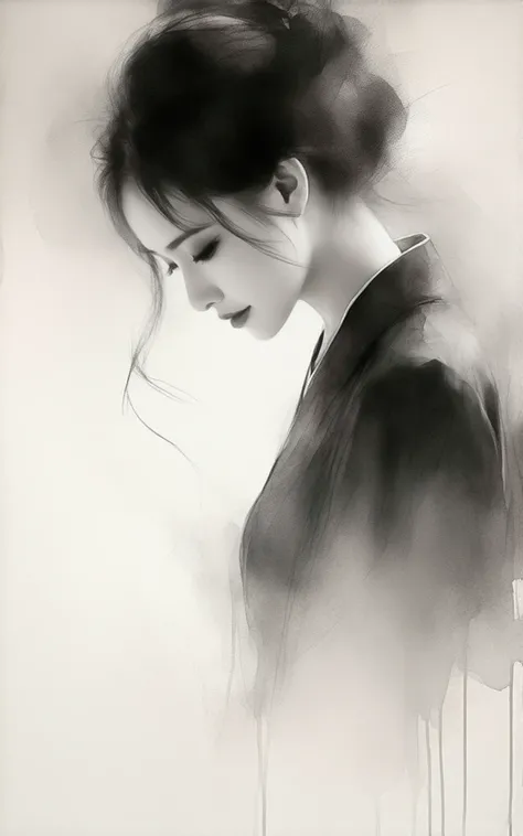 stylized portrait of a woman ,  rendered in a way reminiscent of watercolor or ink wash paint .   The style is characterized by loose brushstrokes , , a lack of sharp detail and a focus on capturing the essence of the subject rather than photorealistic pre...