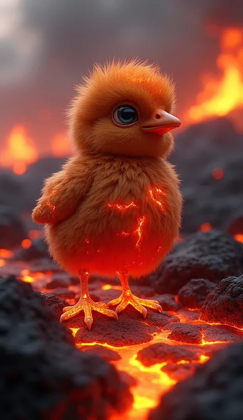 A stunningly cute lava chick. The chick's body blends seamlessly with molten magma. The chick's skin looks like cooled volcanic rock with glowing veins of lava running through it. The chick's eyes have an intense flame glow and the fur on her body has embe...