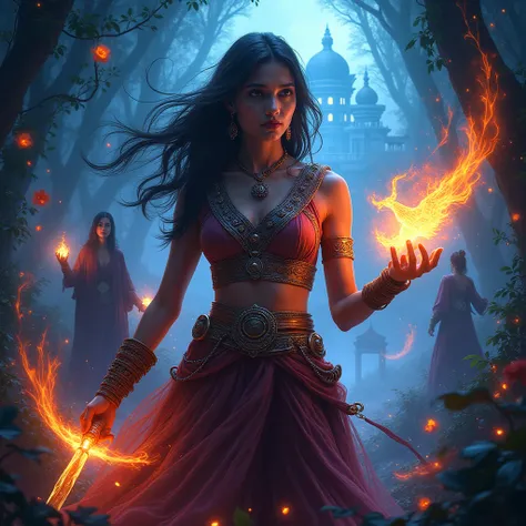 Create a Bollywood-style fantasy movie poster for Karmic Destiny, blending dark mystery with vibrant, magical energy. The poster should feature Main Character: Nowa (Protagonist) A fearless, fierce young woman in her early 20s, with sharp, determined eyes ...