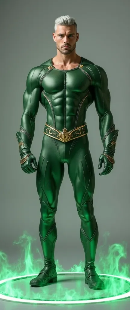 Full body photorealistic shots of Junior male superhero in tight silver green latex suit, full bodyesbian, mitts, fitness body, Young men, silver undercut hair, gold chest harness, large crotch bulge, (NSFW), handsome, (no beard), Realistic photo, gray bac...