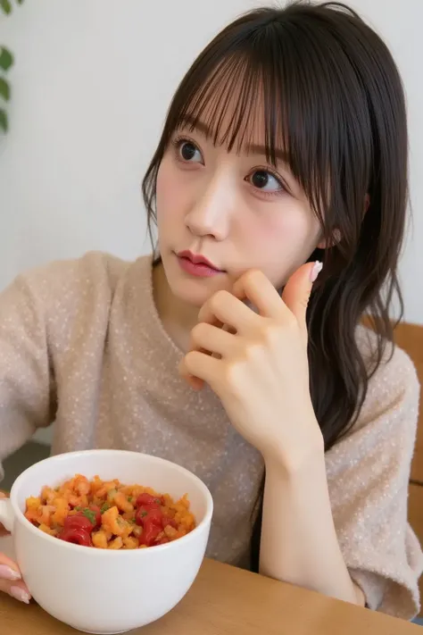 "A Japanese woman sitting at a dining table, holding a bowl of extremely spicy food, her face showing a mixture of discomfort and struggle. She has short black hair and is wearing a casual outfit. Her cheeks are flushed, and she is wiping her mouth with a ...