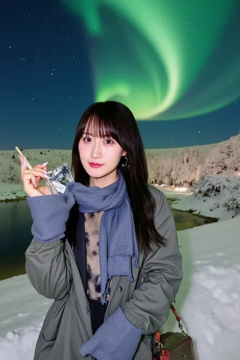 "A Japanese woman standing outdoors at night, smiling as she takes a commemorative photo with the stunning aurora borealis in the background. She is wearing a warm winter coat, scarf, and gloves, with her long black hair flowing in the breeze. The aurora i...