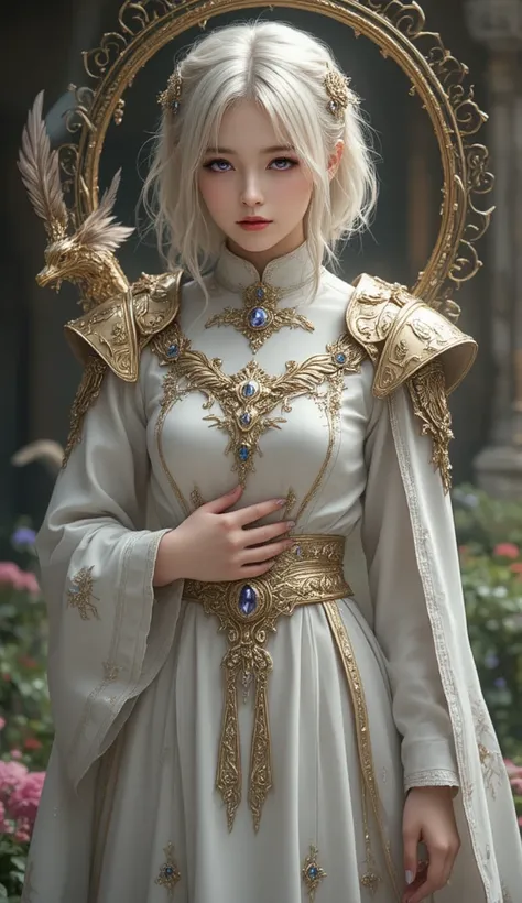 A young priest woman standing in an abyss dungeon、The name is Alice 、A hairstyle that has been put together in a compact way、White gold hair color、Katyusha with a small crown、A pure white priest dress that makes you feel Japanese、Light purple eyes、 Gold Ac...