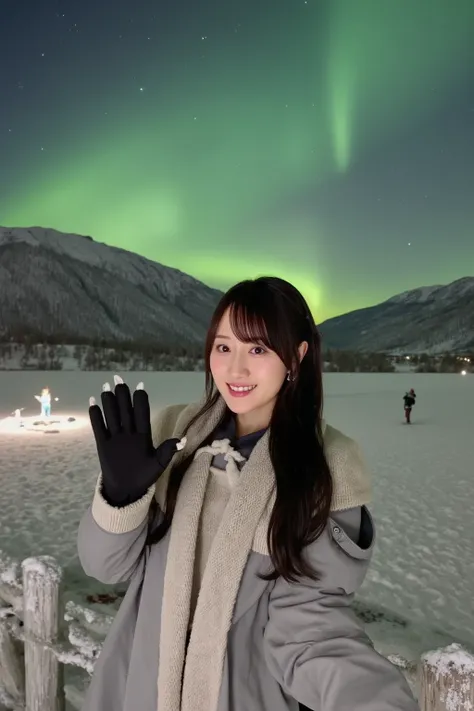 "A Japanese woman standing outdoors at night, smiling as she takes a commemorative photo with the stunning aurora borealis in the background. She is wearing a warm winter coat, scarf, and gloves, with her long black hair flowing in the breeze. The aurora i...