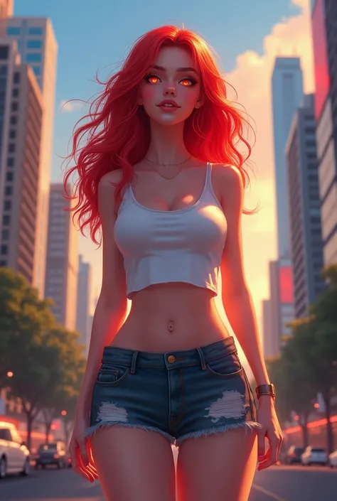 top quality, masterpiece, Ojos rojos, Looking up , upper body , cute , They are smiling, a young woman is standing confidently against a backdrop of a city skyline. She has red hair and is wearing a white crop top , paired with distressed denim shorts
