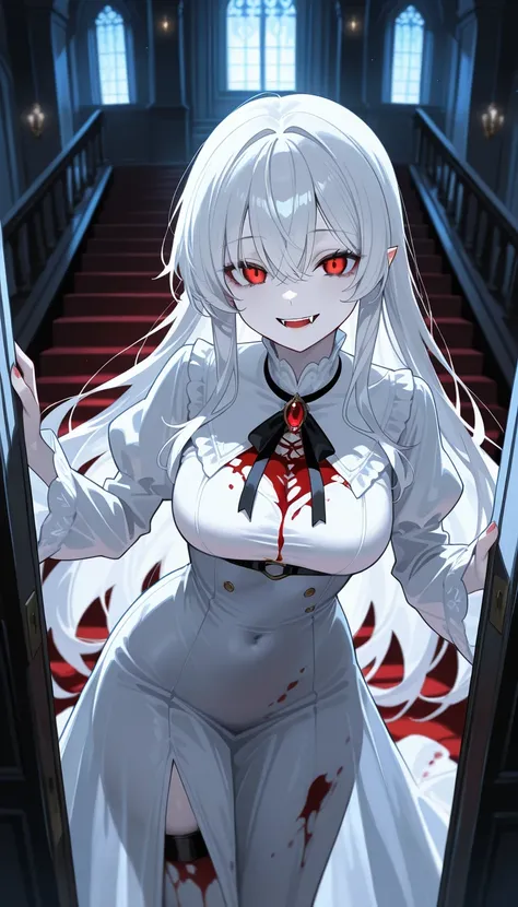 masterpiece, best quality, amazing quality, very aesthetic, newest, 1girl, adult, white hair, silver hair, pale skin, red eyes, breasts, vampire, fangs, smile, (blood), bloody clothes, white gown, white dress, depth of field, cowboy shot, indoors, staircas...