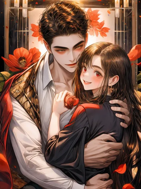 High Resolution, Masterpiece, Best Quality, couple, boy and girl,
[[The Boy : Handsome ; Muscular body; black hair ; detailed eyes ; purple eyes]],
[[The Girl : brown hair ; cute face ; red eyes ; smiling ; wearing cute sweater]] 
, hug, kisses, flower pet...