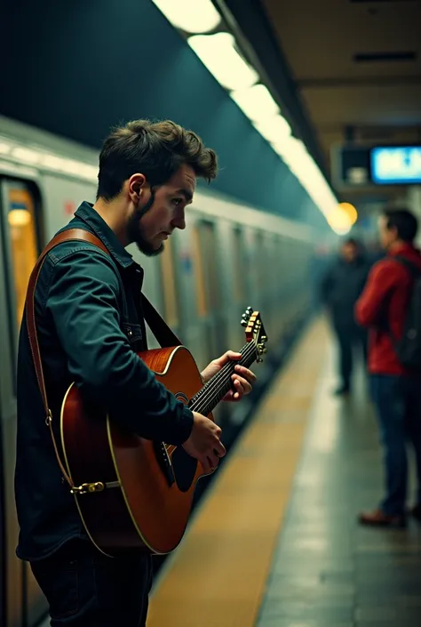  in Man played guitar at the subway station hoping, To earn a few coins .