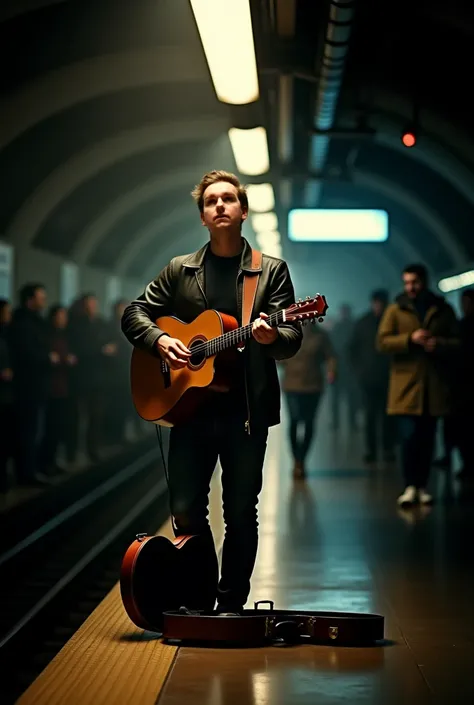  in Man played guitar at the subway station hoping, To earn a few coins .