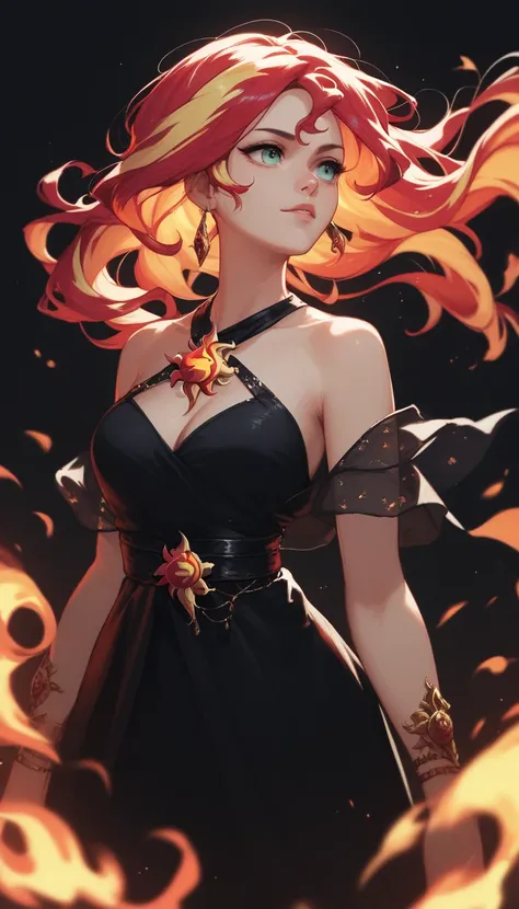 score_9, score_8_up, score_8, 
1girl, solo, female, woman
Sunset shimmer, black background,
Loose black gown, 
fire hair, hair made out of fire,