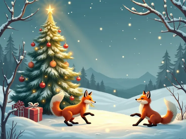 Christmas card, Christmas tree, foxes, winter