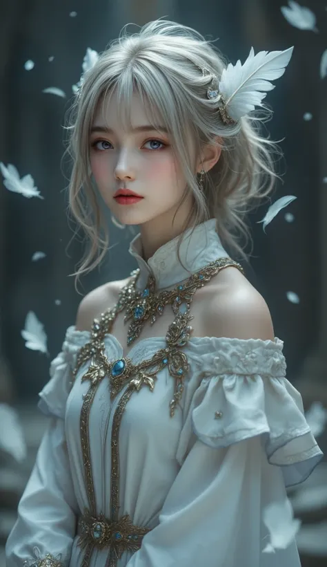 A young priest woman standing in an abyss dungeon、The name is Alice 、Tied up hairstyle、 uphair 、White gold hair color、Katyusha with a small crown、Pure white priest dress that makes you feel Japanese 、Light blue insert、 OFF SHOULDER、Light purple eyes、 Gold ...