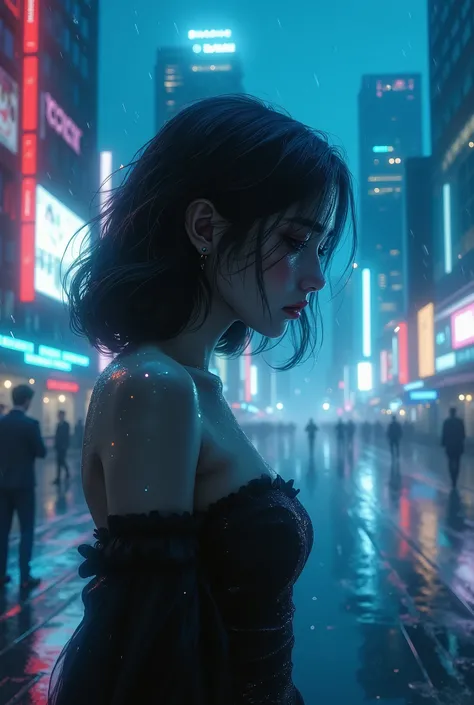 Crying woman on blue cityscape, crying, beautiful,'s greatest masterpiece,8k,Twinkle and little light, it's raining ,reflection
