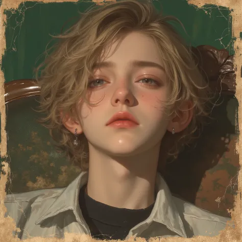 A 15-year-old man with a grungy face、  uneasy expression、   Blondes left and right ,       sits on a chair  ,     vintage art on cracked paper  ,    illustrations ,     Details,     in the living room  , Green Wall 