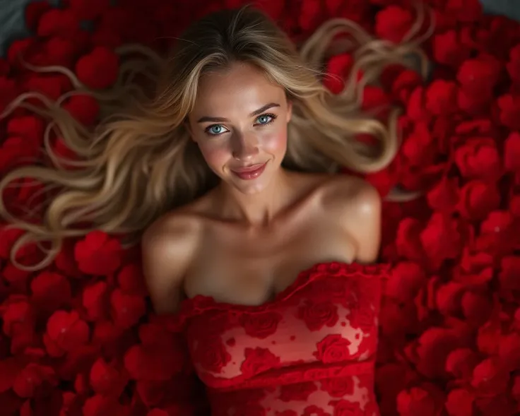 (( best quality)), (( masterpiece)), ( Detailed), adult woman,  hyperrealistic, image of blonde girl with blue eyes, in a bed fully covered with red roses petals, full body, smiling to the camera