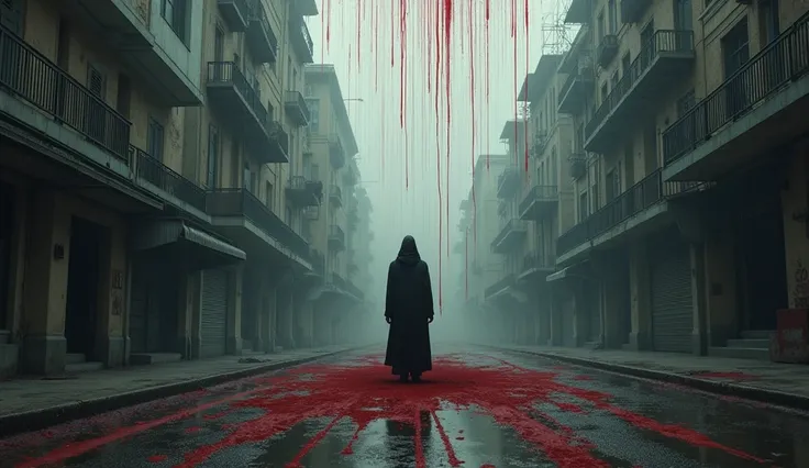 A silent figure stands in an empty city as it rains blood-red droplets, which leave black ink-like stains on the ground, symbolizing memories that can’t be erased.