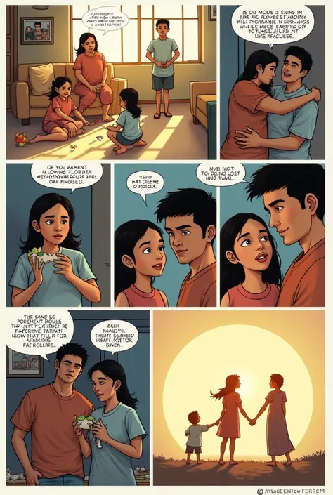 "The Weight of Love"**

**Panel 1:**
*Scene:* A young  (the protagonist) is seen playing joyfully with a toy in a warm, sunlit room. In the background, a mother (Nanay) and father (Tatay) lovingly watch. 


**Panel 2:**
*Scene:* The same  stands beside the...