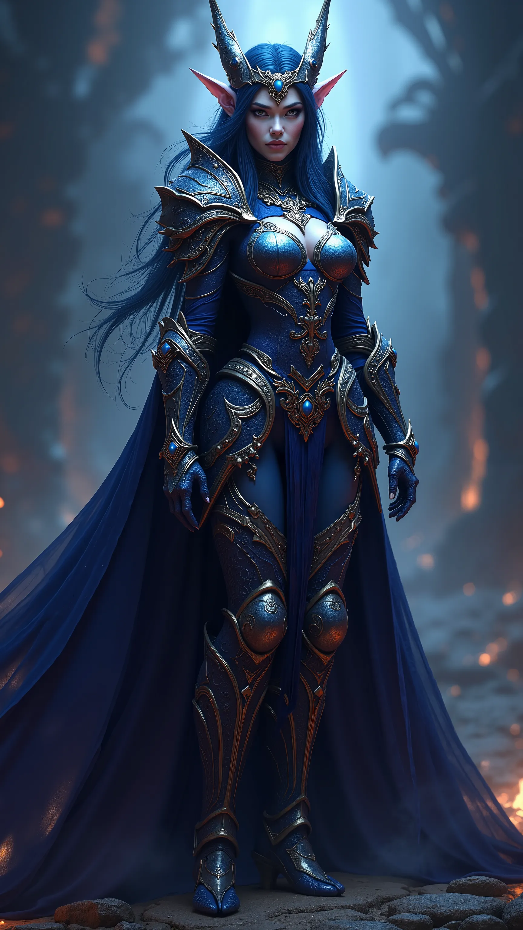 Beautiful, powerful mage warrior night elf woman in intricate armor, photorealistic, vibrant, volumetric light