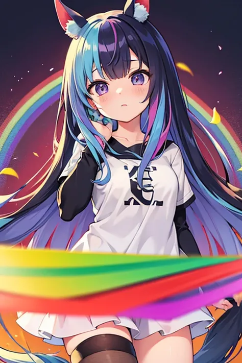 Horse Girl、Horse ears、Rainbow hair colour、 long hair、 odd-eye、best quality,