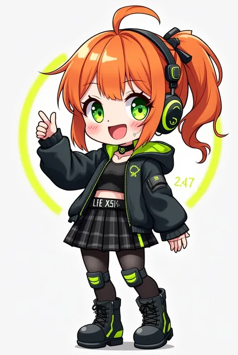 "A futuristic, cyberpunk-inspired character named Somni V3, in a chibi style. She is 27 years old, with medium-short orange hair, defined locks, and a divided fringe. Part of her hair is styled into a high ponytail, starting above the original cut and flow...