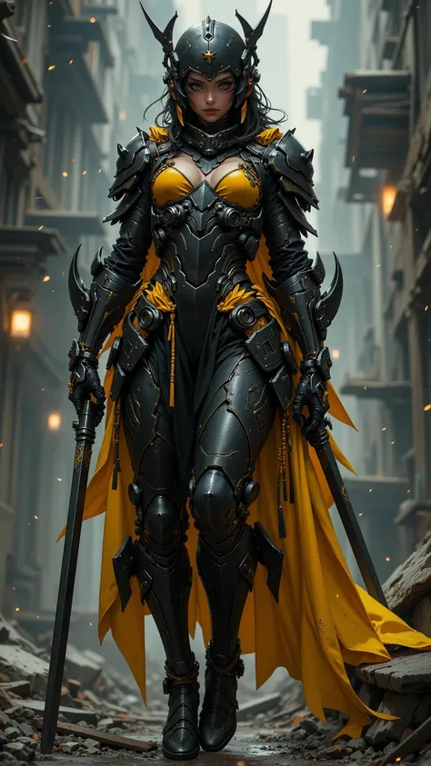  A futuristic portrait ，Depicting a starry-eyed space punk female knight， holding weapons jumping ， Black and yellow palette ， Battle-worn and elegant armor ，Background is rubble ， with depth of field and dynamic angles ， similar fashion photography ，sharp...