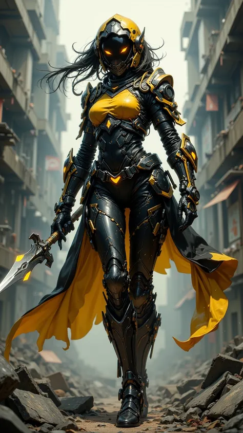  A futuristic portrait ，Depicting a starry-eyed space punk female knight， holding weapons jumping ， Black and yellow palette ， Battle-worn and elegant armor ，Background is rubble ， with depth of field and dynamic angles ， similar fashion photography ，sharp...