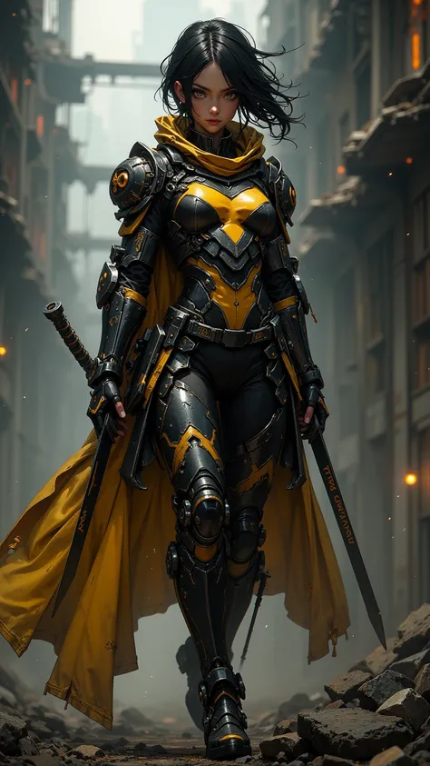  A futuristic portrait ，Depicting a starry-eyed space punk female knight， holding weapons jumping ， Black and yellow palette ， Battle-worn and elegant armor ，Background is rubble ， with depth of field and dynamic angles ， similar fashion photography ，sharp...