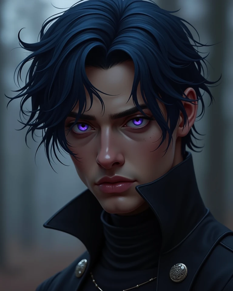 .  Half Illyrian .  He is incredibly beautiful and seems arrogant at first , careless and cold .  He has short blue-black hair the color of a raven's wing,  purple eyes with silver dots ,  like the starlight , dark skin.