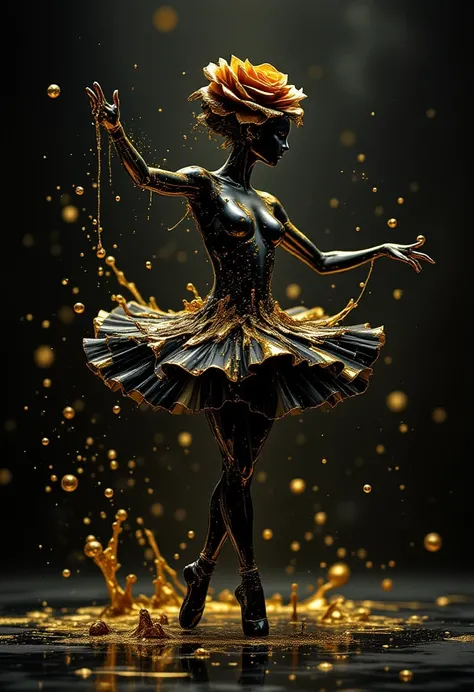 A black gold rose dancing ballet adorned with liquid gold splashing gold splatters around himHigh Resolution, Anatomically Correct, Accurate, Best Quality, High Details, Super Detailed, High Quality, UHD, Surrealism, Futurism, 