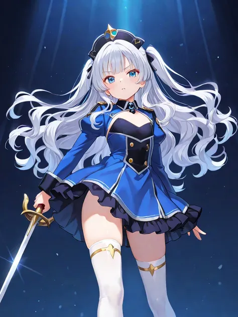 silver hair long hair wavy hair two side up princess cut blue eyes small chest headdress tall knee-high socks with weapon in one hand 20 year old sexy military uniform-like dress