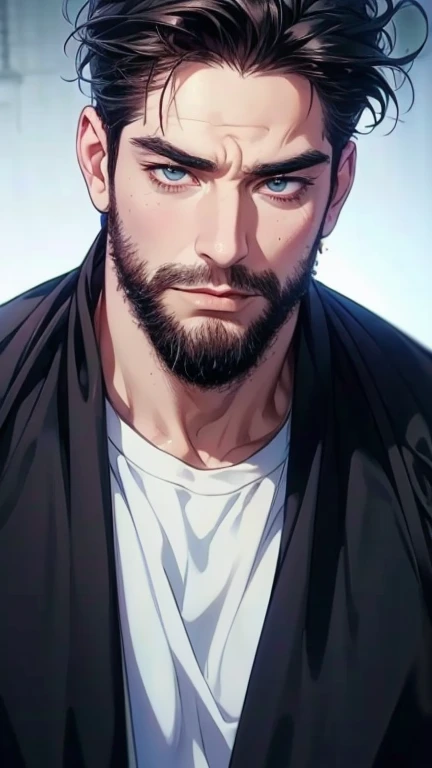 (  stupid,4K,8k,  highres,  masterpiece:1.2),  ultra-detailed,(realistic,photorealistic,photo-realistic:1.37),36-year-old man,3 day beard,cute anime ,Portraits,strong,Masculine,  dark hair,sharp jaw,    mesmerizing eyes    ,  perfectly combed hair,  cool a...