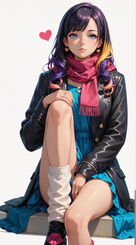   in the seat, Alone,   dress, ブラック  dress,   full body,    black hair, ring,   scarf,    jewelry,   jacket,  leg warmers , heart, 紫の  jacket,   white background,   has colorful hair sitting  ,   Staring at the Audience ,   blue eyes,   1 purple hair 、 in ...